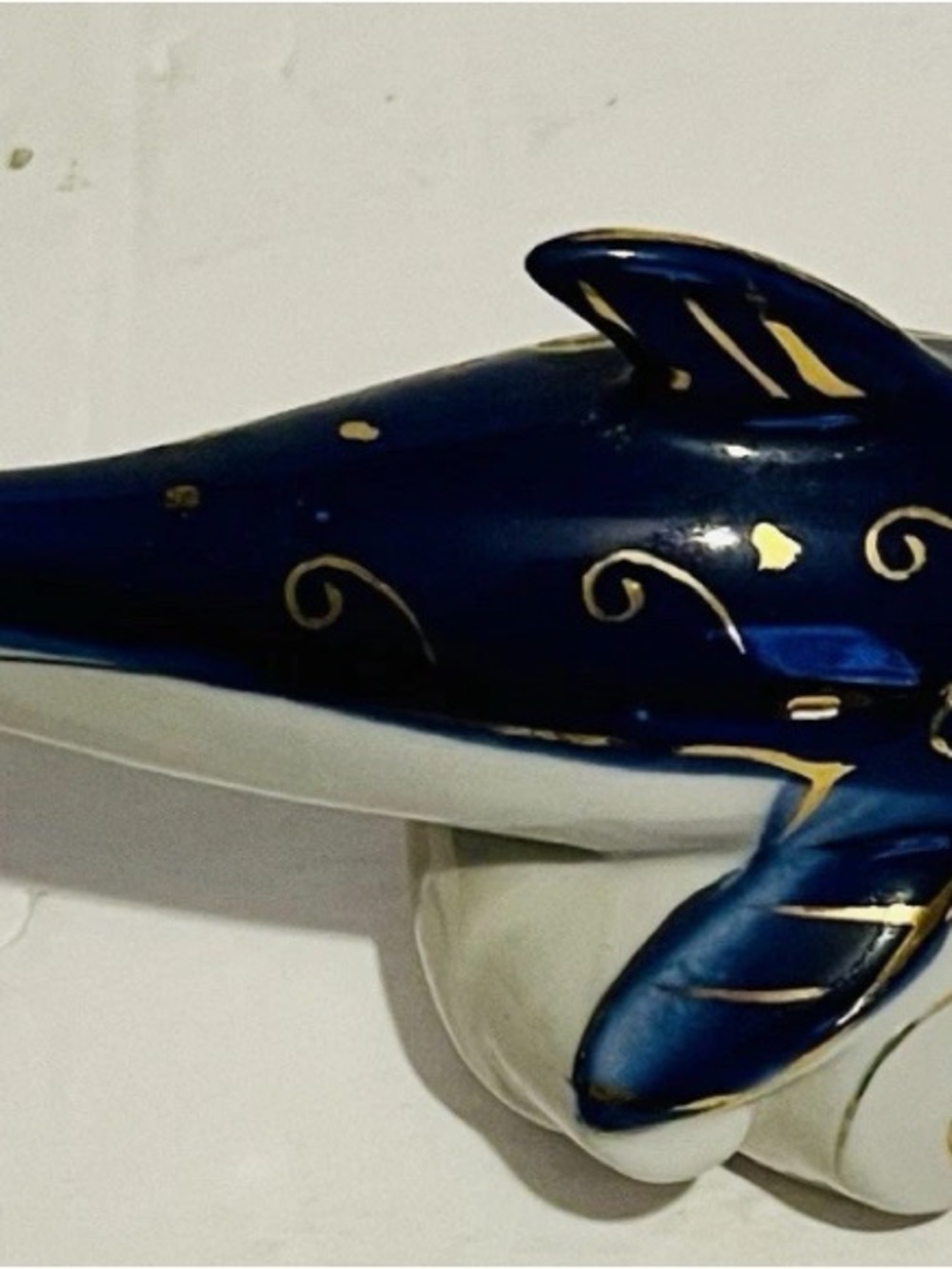 Blue & Gold Porcelain Dolphin Figurine on a Wave Base by JJ Dro